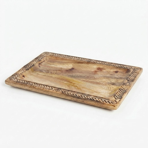 Plateau de service vintage en bois sculpté à la main, plateau rond en bois de manguier, plateau décoratif pour table basse avec poignées pour fournitures de fête - Product Image 3