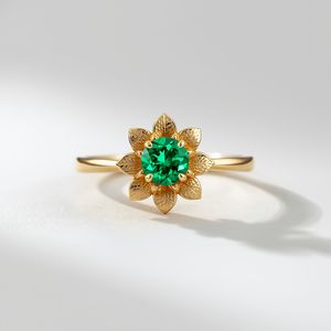 Bague de fiançailles florale en or massif 10K plaqué rhodium avec pierre centrale ronde verte, bijoux de luxe pour femmes - Product Image 5