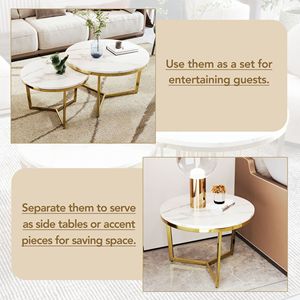 Modern 2-Piece <b>White</b> Nesting <b>Coffee</b> <b>Table</b> Set with Marbling Top & Gold Base - Product Image 5