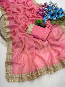 Sari en soie avec broderie dorée pour femmes, tenue de mariage indienne et pakistanaise, robe traditionnelle longue jusqu'au sol - Product Image 6