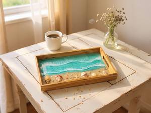 Plateau de service rustique en bois, résine époxy vert aqua et coquillages, cadeau pour les amoureux de l'océan, plateau de service pratique - Product Image 6