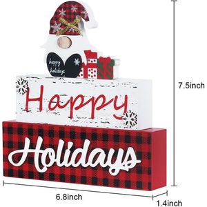 Bloque de Madera Decorativo Navideño de 3 Niveles con Diseño de Gnomo, Decoración Rústica para Mesa de Navidad, Letrero de Felices Fiestas, Figura Navideña y Juguetes - Product Image 1