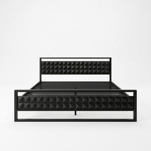 Dice Black Metal Eco-Friendly <b>Space</b>-<b>Saving</b> Modern Geometric Diamond Pattern Platform <b>Bed</b> Frame 3D Textured Headboard Hotel - Product Image 1