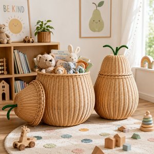 Modern Natural Rattan Pear Storage Basket Handmade Woven Basket with Lid for Kids Toys Laundry Nursery Home Decoration - Product Image 6