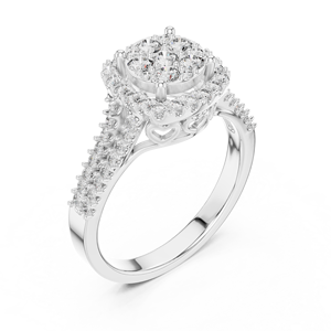 Anillo de Halo con Diamante Sintético Dorado y Detalle de Corazón, Anillo de Compromiso con Centro Brillante Redondo y Pavé, Joyería Ética con Diamantes - Product Image 3