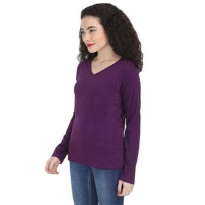 Camiseta de Punto de Manga Larga con Cuello en V para Mujer, Color Morado, Corte Regular, Informal, para Todas las Temporadas - Product Image 3