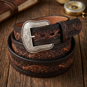 Cinturón de Cuero Clásico para Hombre, Tallado a Mano con Diseño Floral en Relieve, Estilo Western, con Hebilla de Latón Plateado de Diseño - Product Image 1