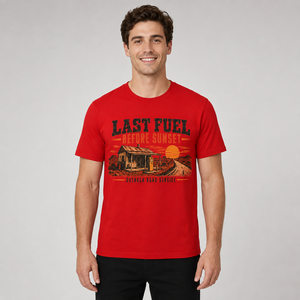 <b>Red</b> Short Sleeve Front Print T-Shirt Last Fuel Sunset Outback Road Service Desert Retro Design Crew Neck Men's 100% Cotton - Product Image 3