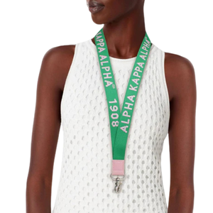 AKA Sorority Lanyard Stylish Pink & Green Canvas Badge Clip with 1908 Embroidery Alpha Kappa Alpha ID <b>Holder</b> Neck Strap - Product Image 3
