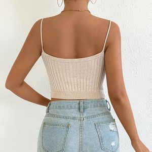 Top Corto de Punto Crema para Mujer, Sin Mangas, Casual, Color Sólido, Tejido Plano Suave, para Todas las Temporadas - Product Image 3
