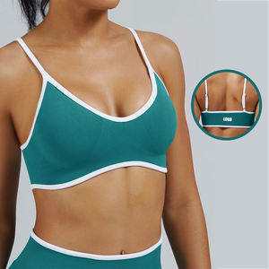 Soutien-gorge de sport côtelé pour femme, col rond, bordure contrastée, extensible, sans couture, pour yoga, fitness, entraînement, crop top - Product Image 4