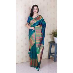 Elite Weaves Green Soft <b>Silk</b> Meenakari Zari Woven Saree with Temple Border Traditional Scarves & <b>Shawls</b> 650g - Product Image 6