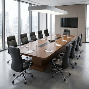Grande table de conférence exécutive moderne en forme de bateau, table de salle de réunion en bois avec canal de gestion des câbles, bureau commercial - Product Image 3