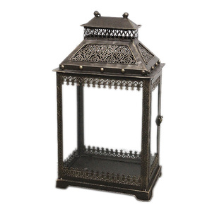 Decorative Metal Iron Strips Candle Lantern Patina Finished Metal Iron Strips Window Design Set of 2 Candle Lantern - Product Image 3