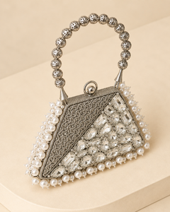 Lady Evening Fashion Brass Framed Embroidered Pearl Rhinestone <b>Hand</b>-<b>Carry</b> Mobile Sling <b>Bag</b> Handmade Mini with Push Lock Closure - Product Image 2
