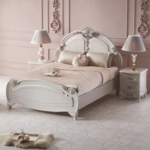 Ensemble de chambre à coucher de style français de luxe en bois d'acajou sculpté argenté antique avec chevets pour hôtel, appartement, villa - Product Image 2