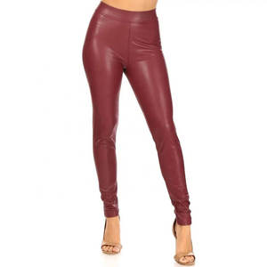 Leggings droits taille haute bordeaux en cuir véritable pour femme, style streetwear, hiver, longueur intégrale, taille élastique, devant plat - Product Image 1