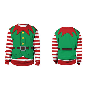 <b>Christmas</b> Elf Costume Pullover Sweatshirt Red Green Striped Sleeve Crewneck Sublimation Top - Product Image 1