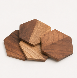 Handcrafted Hexagonal Walnut Wooden <b>Coaster</b> Set Of 4 <b>Heat</b>-Resistant Geometric Drink Mats For Home & Office Eco-Friendly Natural - Product Image 4