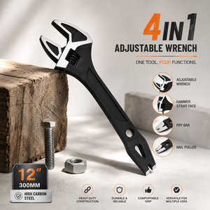 Clé à molette réglable 4-en-1 de 12 pouces en acier à haute teneur en carbone, avec face de frappe pour marteau, barre de levier et extracteur de clous, outil à main professionnel robuste - Product Image 1