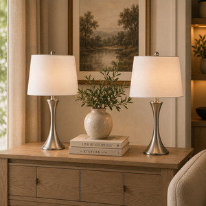 <b>Silver</b> Crest Metal Table <b>Lamp</b> with Brushed Nickel Iron Base Premium Linen Shade Soft Ambient Lighting for Elegant Interiors - Product Image 1
