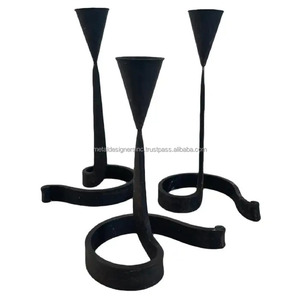 Set of 3 Elegant <b>Black</b> Metal Hand Forged Candlestick Holders Home & Christmas Decorative <b>Lanterns</b> and Jars - Product Image 1