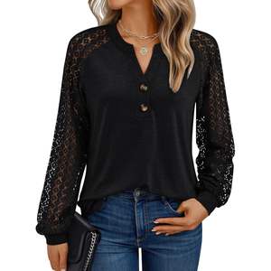 2025 2025 automne mode femmes hauts col en v Blouses avec dentelle à manches longues décontracté affaires tenues taille XL - Product Image 4