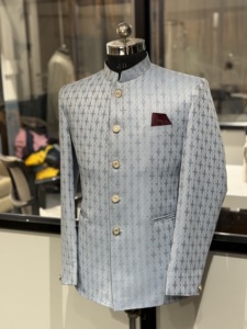 Veste de mariage haut de gamme pour homme, bleu ciel royal, style Prince, en jacquard premium, Blazer ethnique Bandhgala, tenue de réception de créateur - Product Image 5