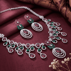 Collar de diamantes americanos chapado en plata con gemas rojas y verdes rubí, aretes a juego para novias, bodas y fiestas, conjuntos AD. - Product Image 4