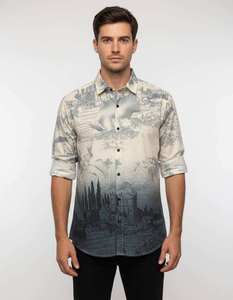เสื้อเชิ้ตผู้ชายผ้าลินินผสมพิมพ์ลายแขนยาว คอปกแบบคลาสสิก ทรงปกติ ติดกระดุม ปิดด้วยกระดุม สไตล์ลำลอง แฟชั่นทันสมัย-DC - Product Image 2