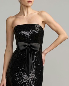 Robe de soirée fourreau noire à manches courtes avec nœud, longueur ras du sol, élégante robe de soirée formelle 100% polyester satin anti-plis - Product Image 3