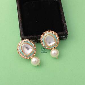 Gaurika 18K Gold Turquoise Pearl Polki Drop Earrings for Wedding & Engagement - Product Image 4