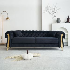 Divano Chesterfield Moderno 89 W in Velluto Nero Trapuntato per Soggiorno con Due Cuscini e Due Cuscini Decorativi - Product Image 1