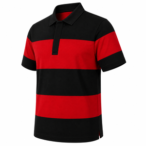 Polo rayé pour homme à manches courtes, color-block, décontracté, tricoté, rouge et noir - Product Image 5