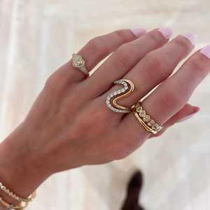Double Band Wavy <b>Stacking</b> Statement <b>Rings</b> Solid 14K 18K Gold Unique Round Cut Lab Grown Diamond Two Band Wedding <b>Rings</b> Wholesale - Product Image 4