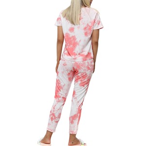 Ensemble de survêtement tie-dye pour femmes, manches courtes, col rond, pantalon de jogging long avec poches latérales, tenue décontractée d'été, design dégradé de couleur - Product Image 6