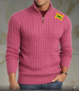 Pull en maille torsadée col en V pour homme, classique, 100 % coton, anti-plis, anti-boulochage, motif uni tendance, logo personnalisé sur le devant - Product Image 1