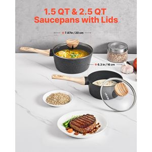 Set di cassette antiaderenti nere maniglie staccabili 1.5 QT 2.5 QT coperchi in vetro a induzione pentole da cucina compatibili multiuso - Product Image 2