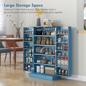 Modern Freestanding Blue <b>Kitchen</b> <b>Pantry</b> Cabinet 5 Tier Wood (MDF) Shelving with 12 Door Shelves & Double Doors - Product Image 4