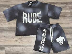 Custom Rhinestone <b>Patch</b> Embroidered Two-Piece T-Shirt <b>Shorts</b> Set Acid Wash Boxy Style Summer T Shirt and Distressed Sweat <b>Short</b> - Product Image 6
