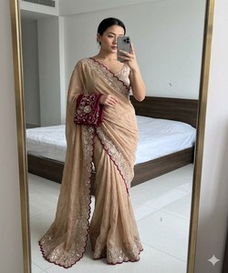 ชุดสาหรี่ผ้าจอร์เจตต์ทันสมัย ตกแต่งด้วยงานปักเลื่อมและงานฉลุ พร้อมเสื้อปักแบบยังไม่เย็บติดกับชุด สำหรับงานแต่งงาน ราคาขายส่ง เสื้อผ้าชาติพันธุ์ รหัสสินค้า 84817 - Product Image 1
