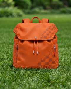 Mochila de Cuero Genuino Naranja 2026, Superventas, 15 Pulgadas, Cierre con Cordón, Patrón de Rejilla de Diamantes, Unisex, Mochila de Uso Diario - Product Image 1