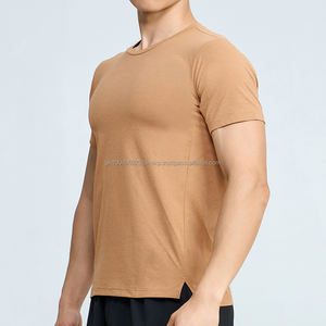 T-shirt décontracté à col rond avec fente latérale et logo personnalisé pour homme, t-shirt uni - Product Image 4