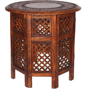 Mesa auxiliar de madera maciza de estilo marroquí hecha a mano con intrincados tallados geométricos y acento de arco mojár, mesa auxiliar para sala de estar - Product Image 6