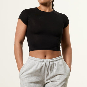 Top Corto Negro para Mujer, Cuello Redondo, Tejido Sólido de Spandex y Poliéster, Estilo Casual, Transpirable, Corto - Product Image 4