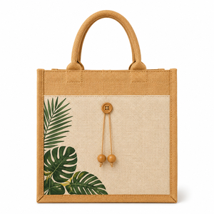 natural laminated jute tote bag with tropical leaf print eco friendly reusable shopping <b>handbag</b> wholesale - Product Image 1
