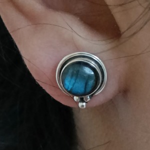 Labradorite 925 <b>Sterling</b> <b>Silver</b> Handmade Ear-<b>Stud</b> for Women Round Gemstone Handmade Boho Jewelry, June Birthstone - Product Image 3