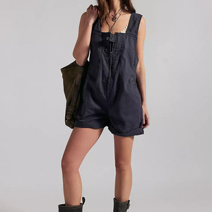 Women's Denim Overalls <b>Jumpsuit</b> Solid Color Mid Waist Regular Fit Breathable Cotton Summer Casual Style <b>With</b> Button <b>Jumpsuit</b> - Product Image 1