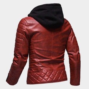 <b>Men's</b> Red <b>Leather</b> Hooded Biker <b>Jacket</b> - Product Image 2