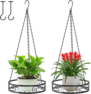 Porte-plante suspendu rond en métal avec base décorative et longue chaîne de suspension, pot de fleurs d'intérieur et d'extérieur pour balcon - Product Image 1
